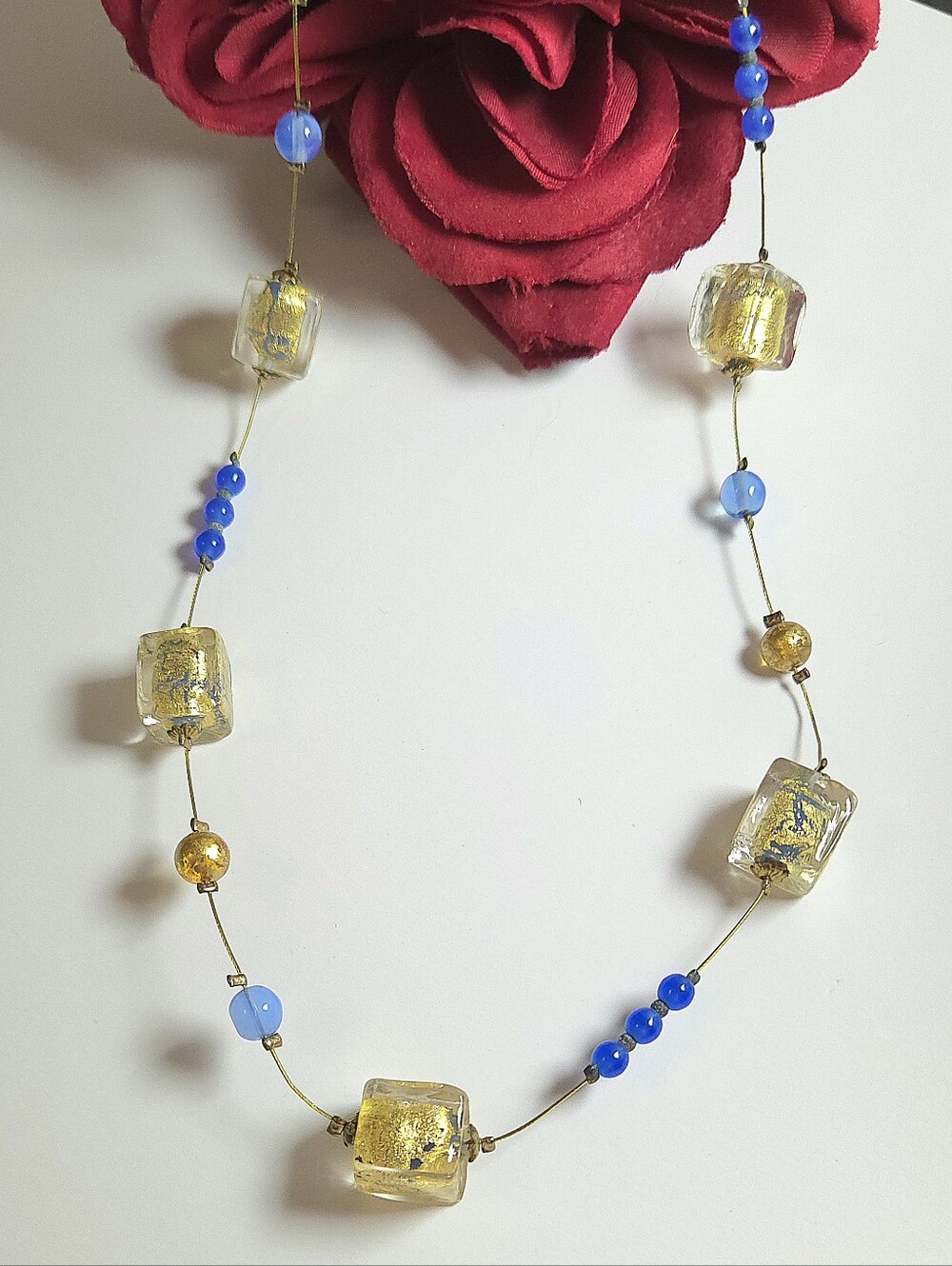 Handmade Glass Lampwork Gold Foil Blue Beaded Necklace